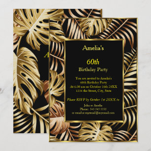 Convites Plantas Tropical Gold festa de aniversário preta