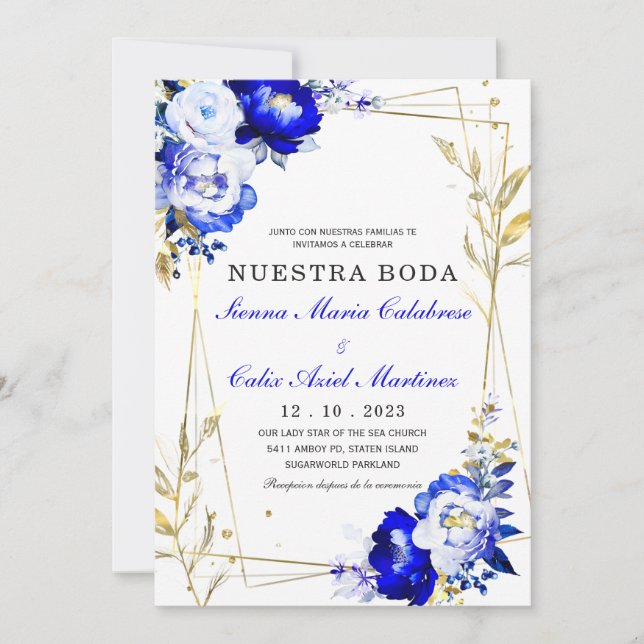 Convites Plantilla de boda en azul real y dorado (Frente)