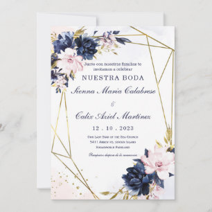 Convites Plantilla de invitación de boda azul real y rubor
