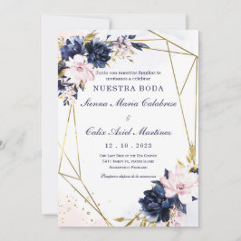 Convites Plantilla de invitación de boda azul real y rubor