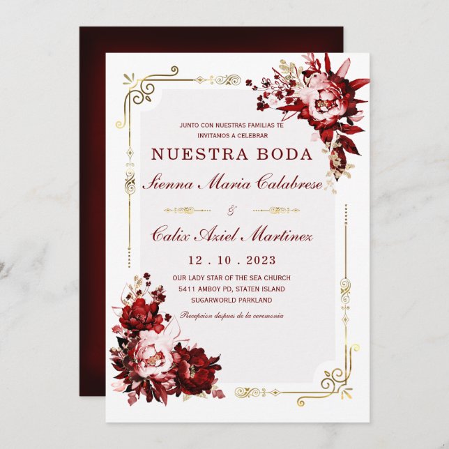 Convites Plantilla Editable de Boda en Burdeos y Dorado (Frente/Verso)