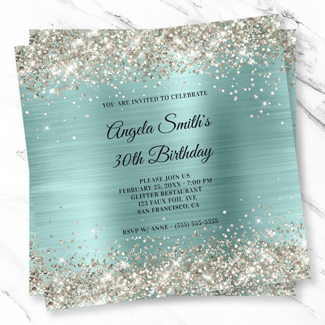Convites Platina Glitter Folha de Turquesa Pálida Monograma (Platinum Glitter Pale Turquoise Foil Monogram Invitation)