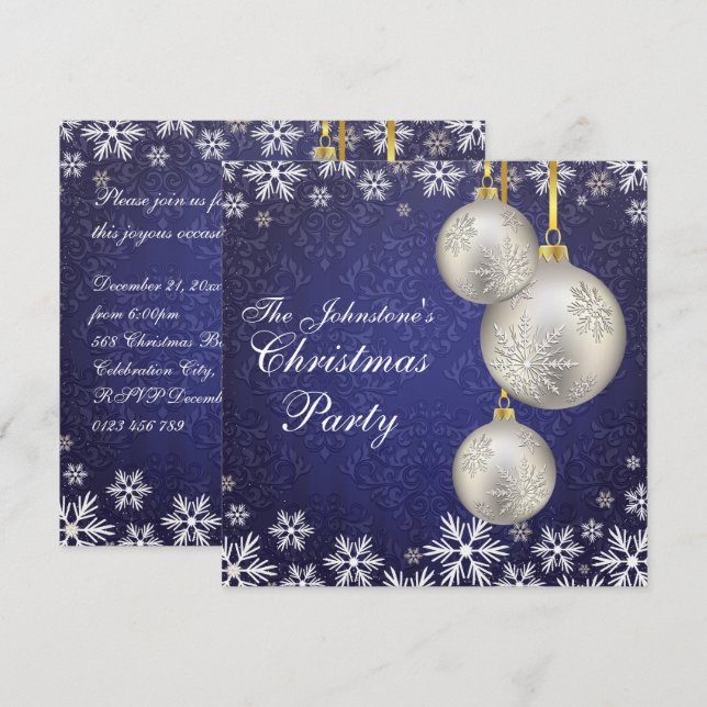 Convites Platina Silver Christmas Balls Blue (Frente/Verso)