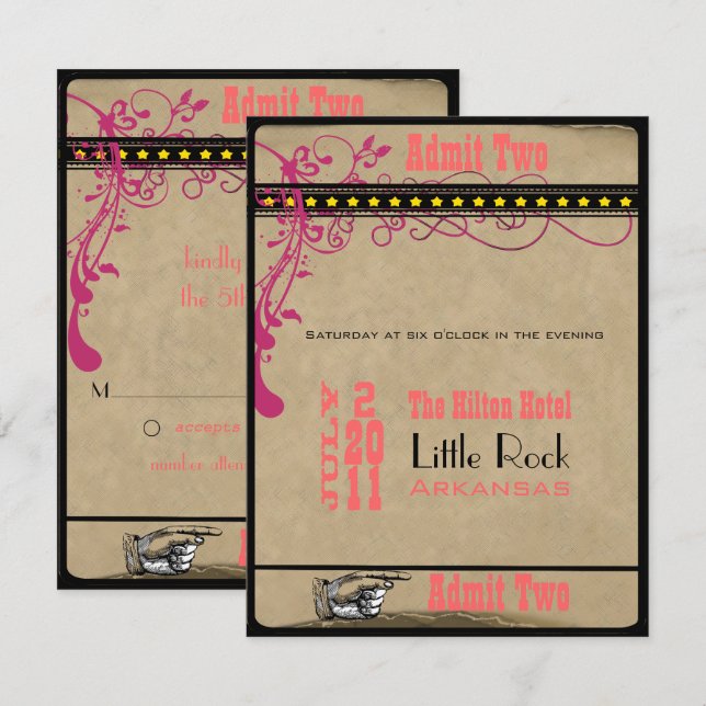 Convites Playbill Ticket RSVP Raspberry Coral e amarelo (Frente/Verso)