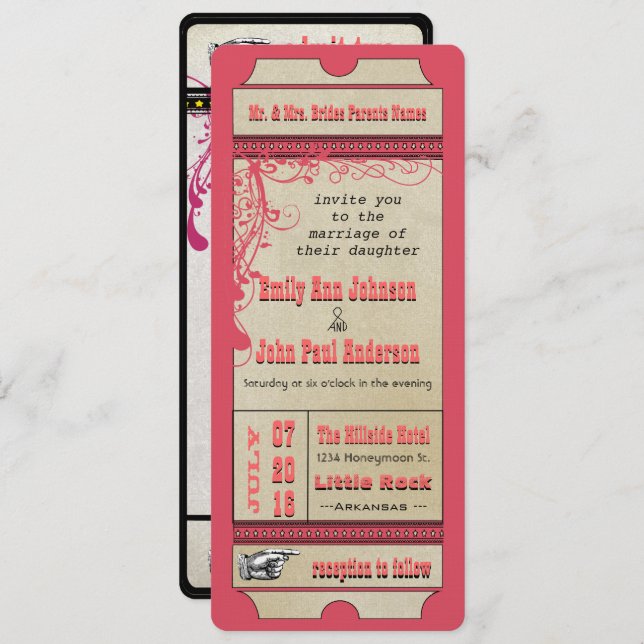 Convites Playbill Ticket Weding Raspberry Coral e Amarelo (Frente/Verso)