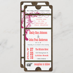 Convites Playbill Ticket Weding Raspberry Coral e Amarelo