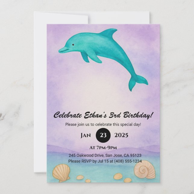 Convites Playful Blue Dolphin & Seashell Ocean Birthday  (Frente)
