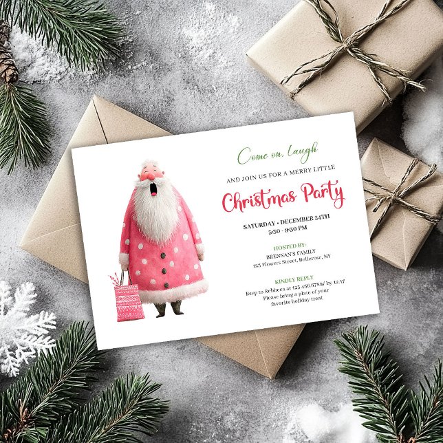 Convites Playful Pink Santa Funny Christmas Party Printable (Playful Pink Santa Funny Christmas Party Printable)