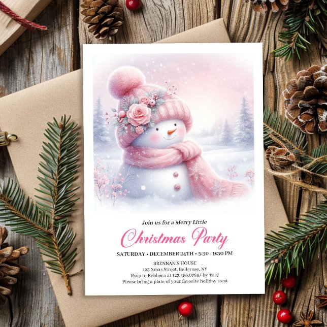 Convites Playful Pink Snowman Editable Kids Christmas  (Playful Pink Snowman Editable Kids Christmas Invite File)