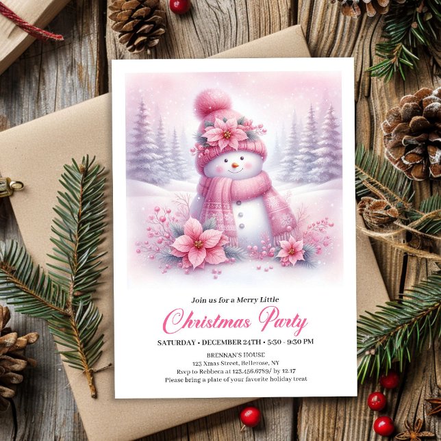 Convites Playful Snowy Forest Pink Snowman Kids Invitation (Playful Snowy Forest Pink Snowman Kids Invite Download)