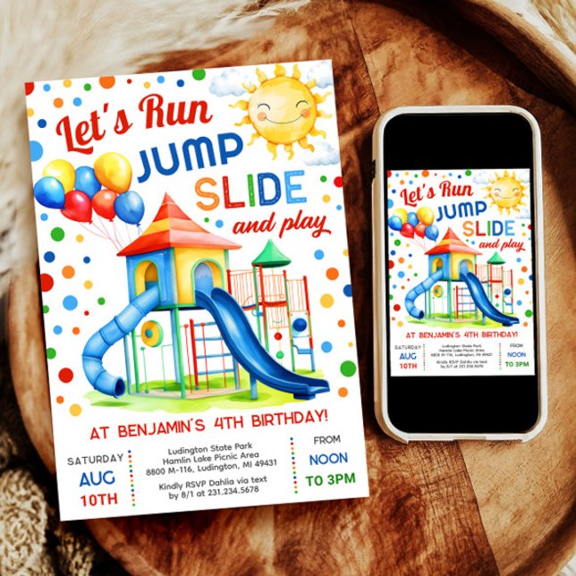 Convites Playground Birthday - Executar jogada de slides de (Celebrate with our digital Park Slide invitation—perfect for a boy's outdoor playground birthday.)