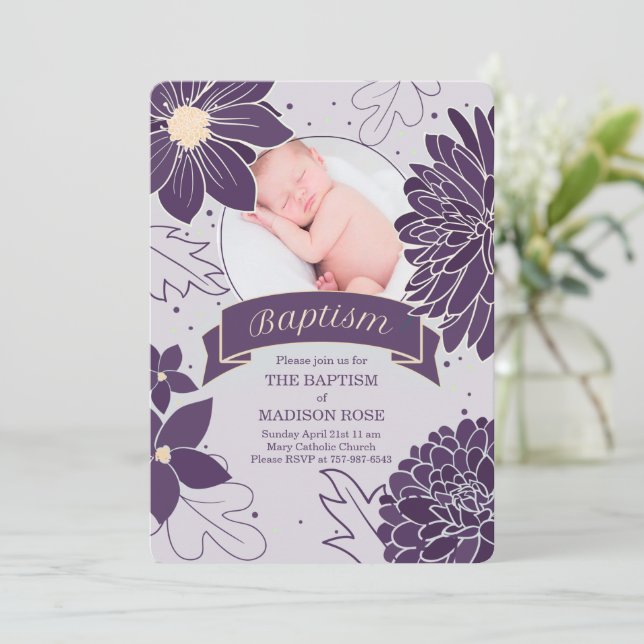 Convites Plum Botanicals para Raparigas com Batismo Fotográ (Em pé/Frente)