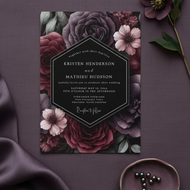 Convites Plum Dark Bloom Romance Wedding (Criador carregado)
