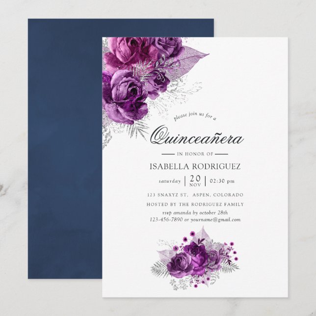 Convites Plum e Azul Marinho Floral Quinceañera em Aquarela (Frente/Verso)