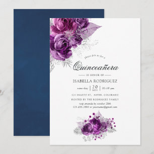 Convites Plum e Azul Marinho Floral Quinceañera em Aquarela