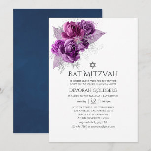 Convites Plum e Navy Floral em Aquarela Bat Mitzvah