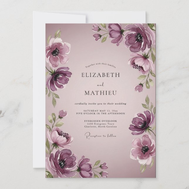Convites Plum Elegant Watercolor Wedding (Frente)