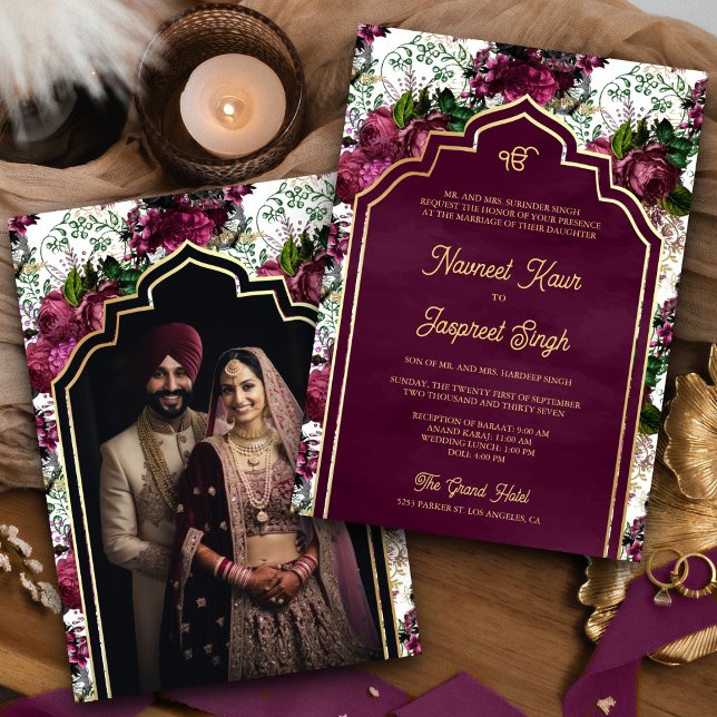Convites Plum Floral Foto Anand Karaj Sikh Casamento (Criador carregado)