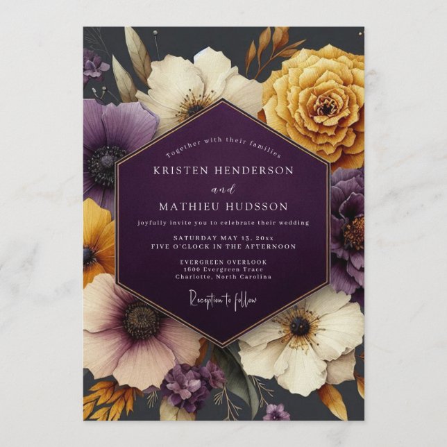 Convites Plum & Gold Moody Floral Wedding (Frente)
