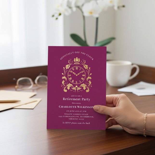 Convites Plum Gold Ornate Clock Retirement Party Invite (Criador carregado)