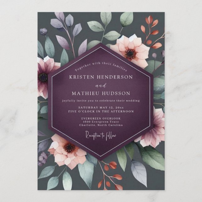 Convites Plum Moody Botanical Autumn Wedding (Frente)