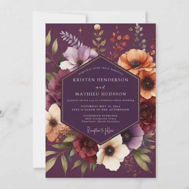 Convites Plum Moody Botanical Wedding (Frente)