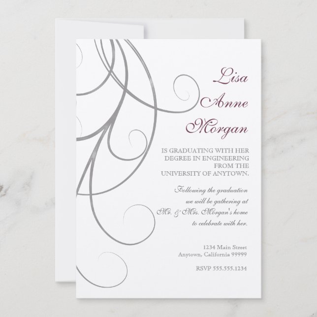 Convites Plum n Silver Leaf Swirl Damask 2 Graduação (Frente)