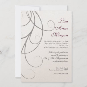 Convites Plum n Silver Leaf Swirl Damask 2 Graduação