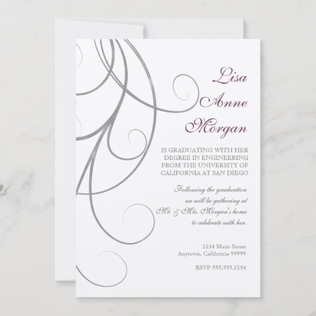 Convites Plum n Silver Leaf Swirl Damask 2 Graduação (Frente)