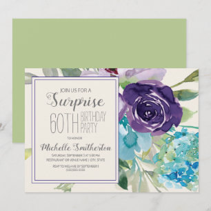 Convites Plum Purple Blue Floral Surprise 60th Birthday
