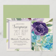 Plum Purple Blue Floral Surprise aniversário de 21