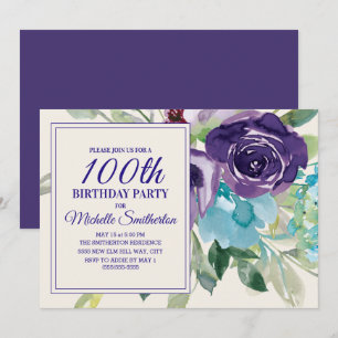 Convites Plum Purple Blue Watercolor Floral 100º Aniversá