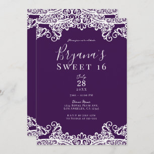 Convites Plum Purple e Dourado Lace Elegante Sweet 16 Party