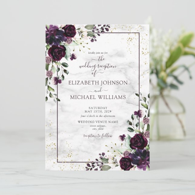 Convites Plum Purple Gold Watercolor Marble Fall Reception (Em pé/Frente)