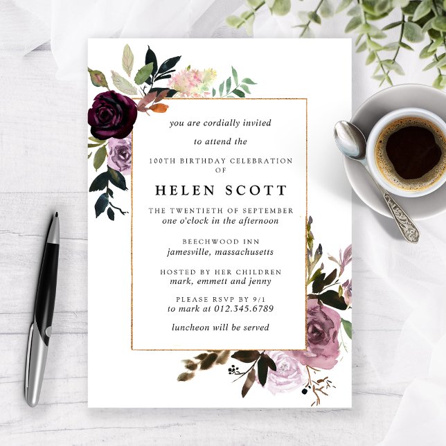 Convites Plum Purple Mauve Pink Floral 100º Aniversário (Criador carregado)