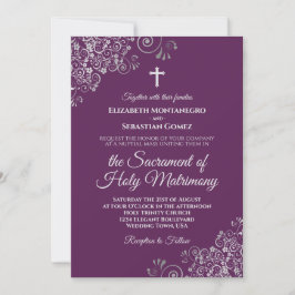 Convites Plum Purple & Silver Chic Modern Catholic Wedding