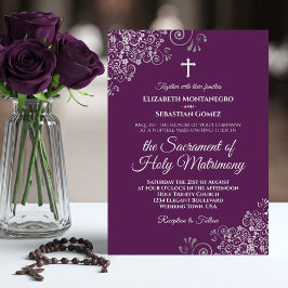 Convites Plum Purple & Silver Chic Modern Catholic Wedding