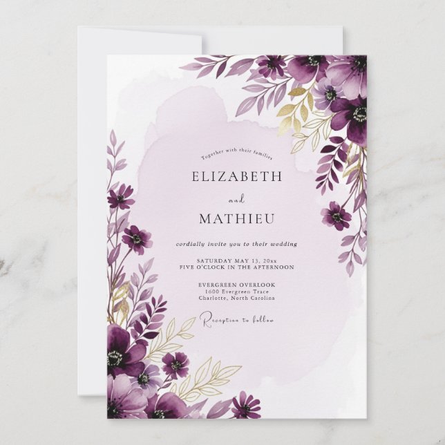 Convites Plum Resplendent Watercolor Wedding (Frente)