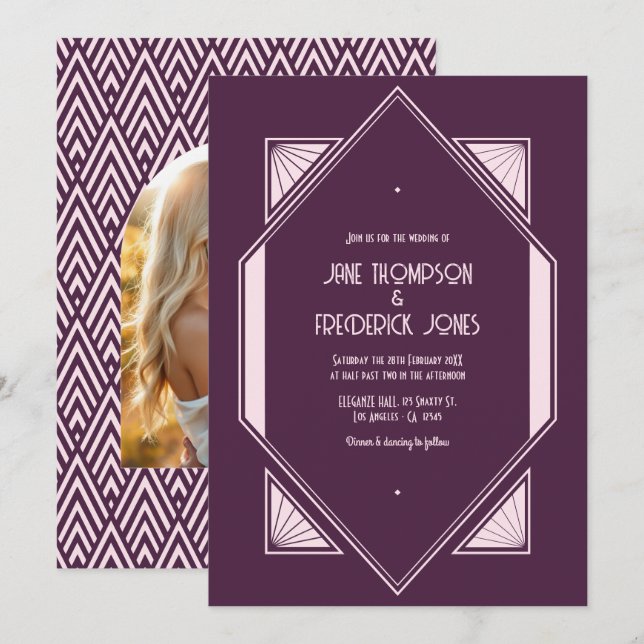 Convites Plum Velvet & Soft Blush Art Deco Wedding Photo (Frente/Verso)