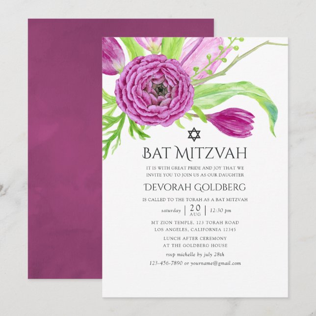 Convites Plum Watercolor Bat Floral Mitzvah (Frente/Verso)