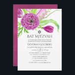 Convites Plum Watercolor Bat Floral Mitzvah<br><div class="desc">Concurso de morcego mitzvah de aquarela botânica. As flores apresentadas são ranúculus,  tulipas,  violetas e crocos.</div>