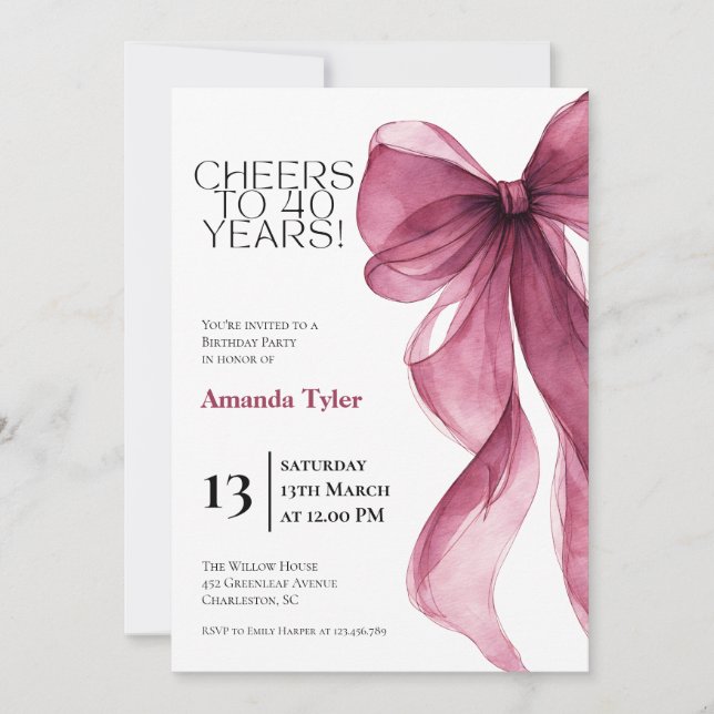 Convites Plum Watercolor Bow Birthday  Invitation (Frente)