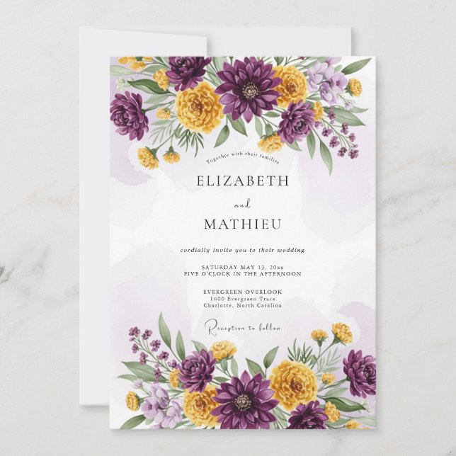 Convites Plum Yellow Dazzling Floral Wedding (Frente)
