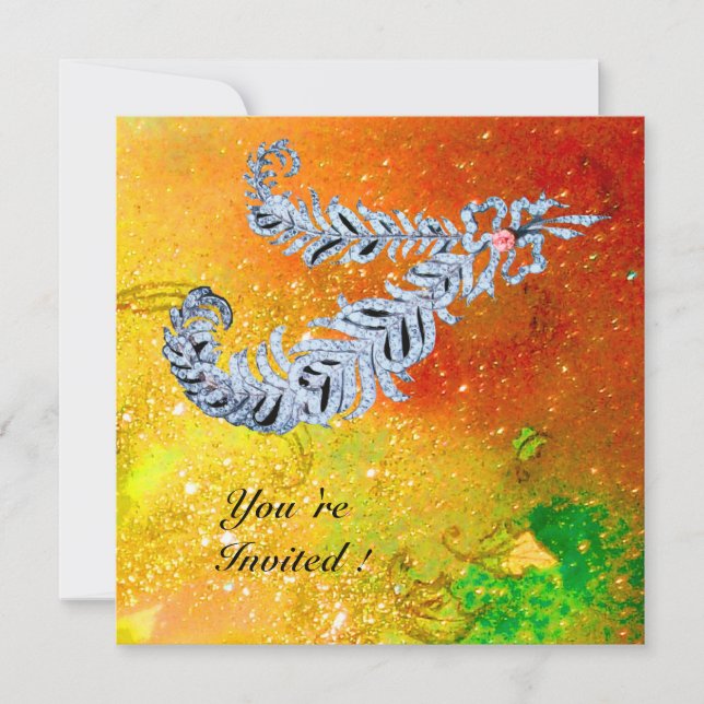 Convites PLUMAS DE DIAMANTE, faíscas marrons amarelas verde (Frente)