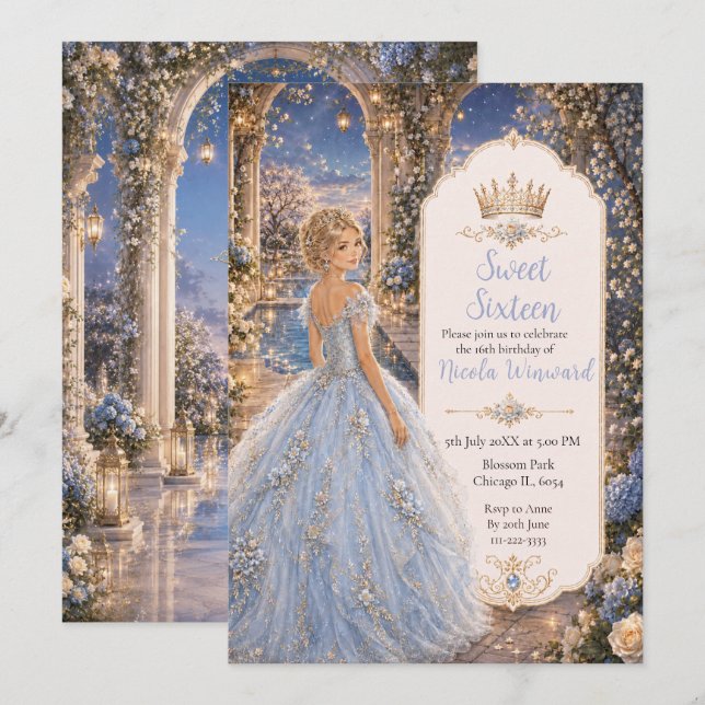 Convites Pó Azul Sweet 16 Princesa Jardim (Frente/Verso)