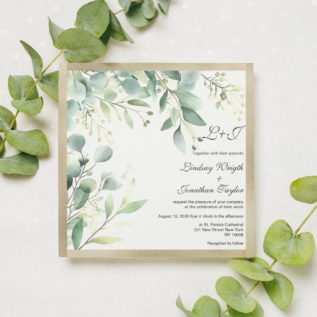 Convites Pó-d-água russo eucalipto ouro verde Casamento (Watercolor rustic eucalyptus greenery gold Wedding )