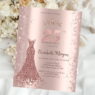Convites Pó de Brilho Rosa Dourado Diamante Vestido 25th