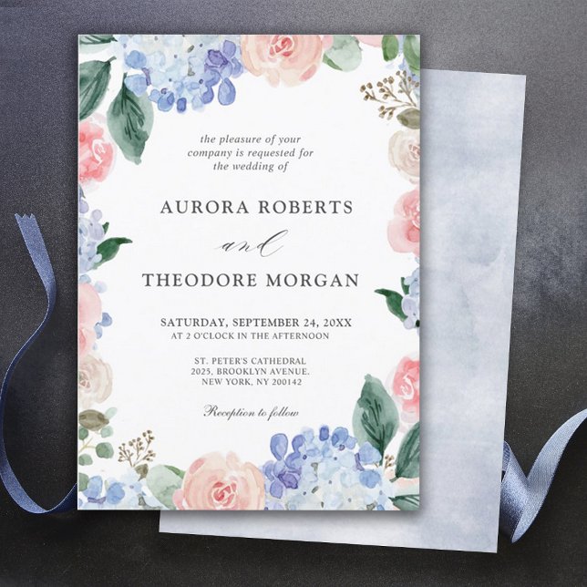 Convites Pó Elegante Casamento Formal Cor-de-rosa Azul Hydr (Dusty blue powder color hydrangea wedding invitation)