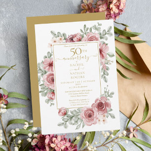 Convites Pó Floral Rosa 50º Aniversário de Casamento Dourad