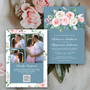 Convites Pó Floral Rosa Bege Azul Código QR Casamento